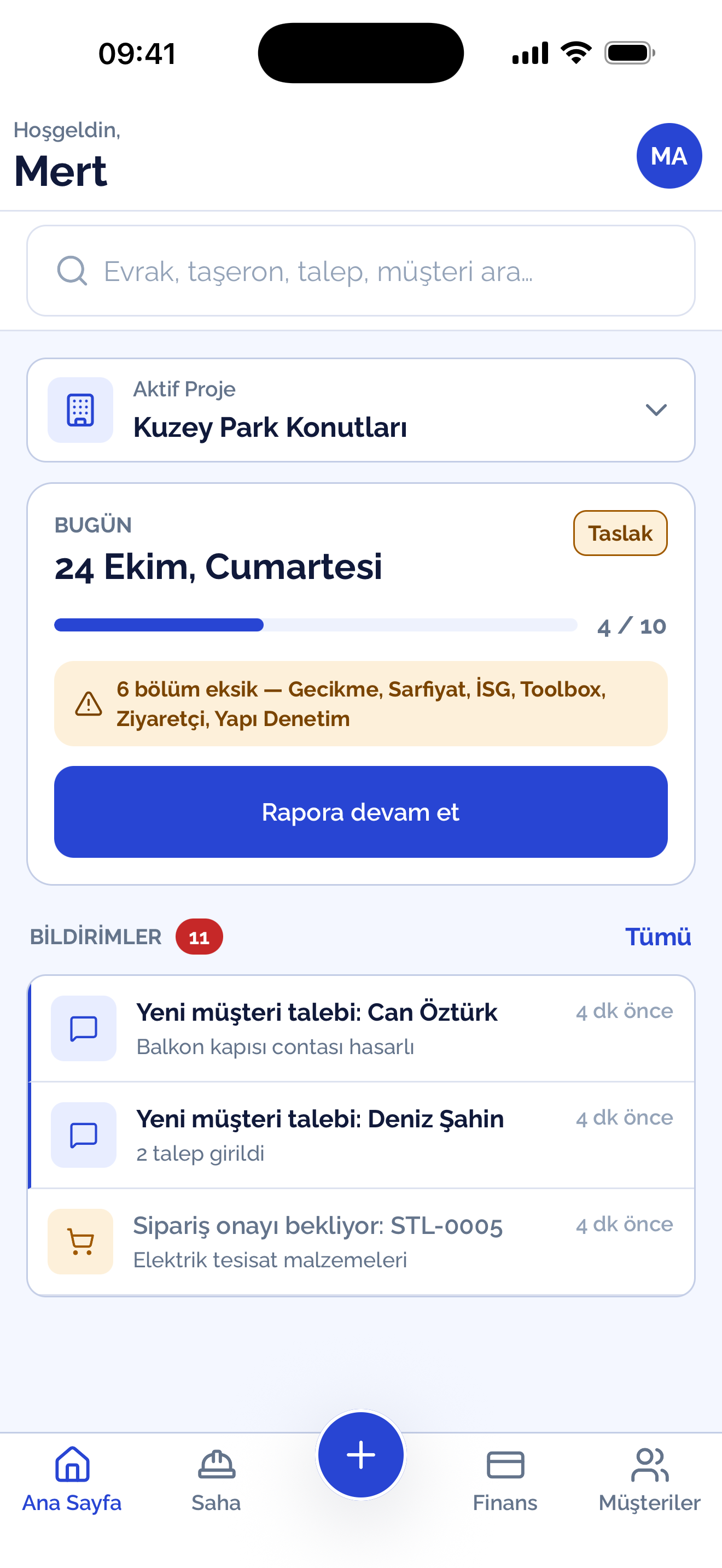 STORK ana sayfası: aktif proje, bugünün raporu ve okunmamış bildirimler.